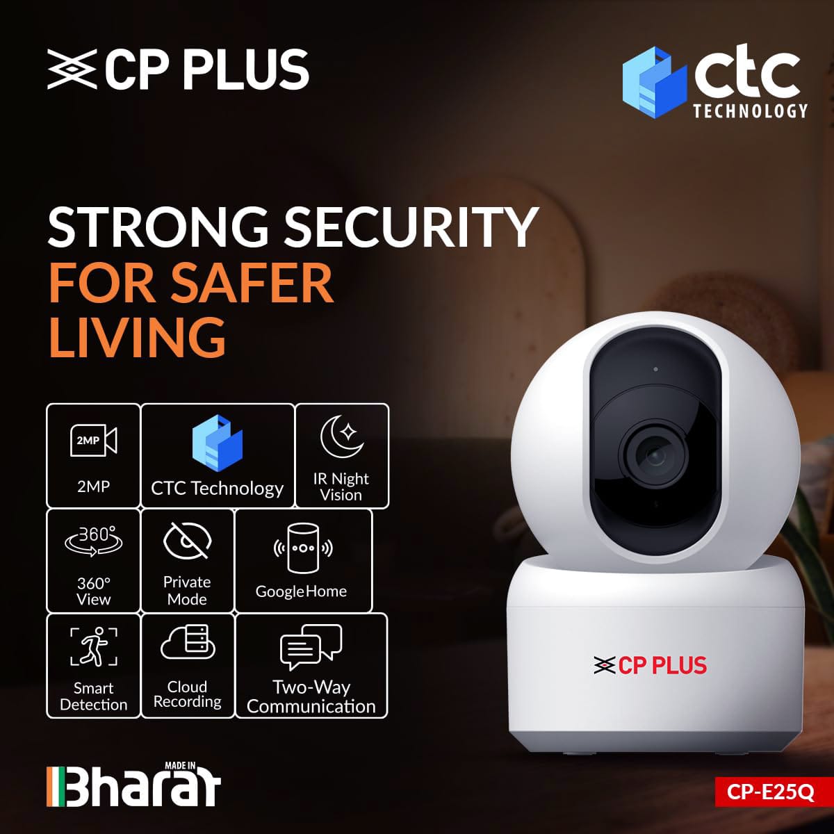 CP PLUS CP‑E25Q Wi‑Fi CCTV Camera 2MP Full HD Indoor Security with 360° View and IR Night Vision