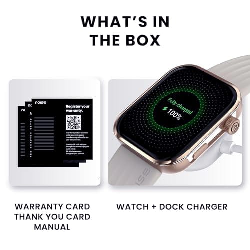 Noise ColorFit Pro 5 Smartwatch Box Contents - Warranty Card, Manual, Charger Dock, Fully Charged Display
