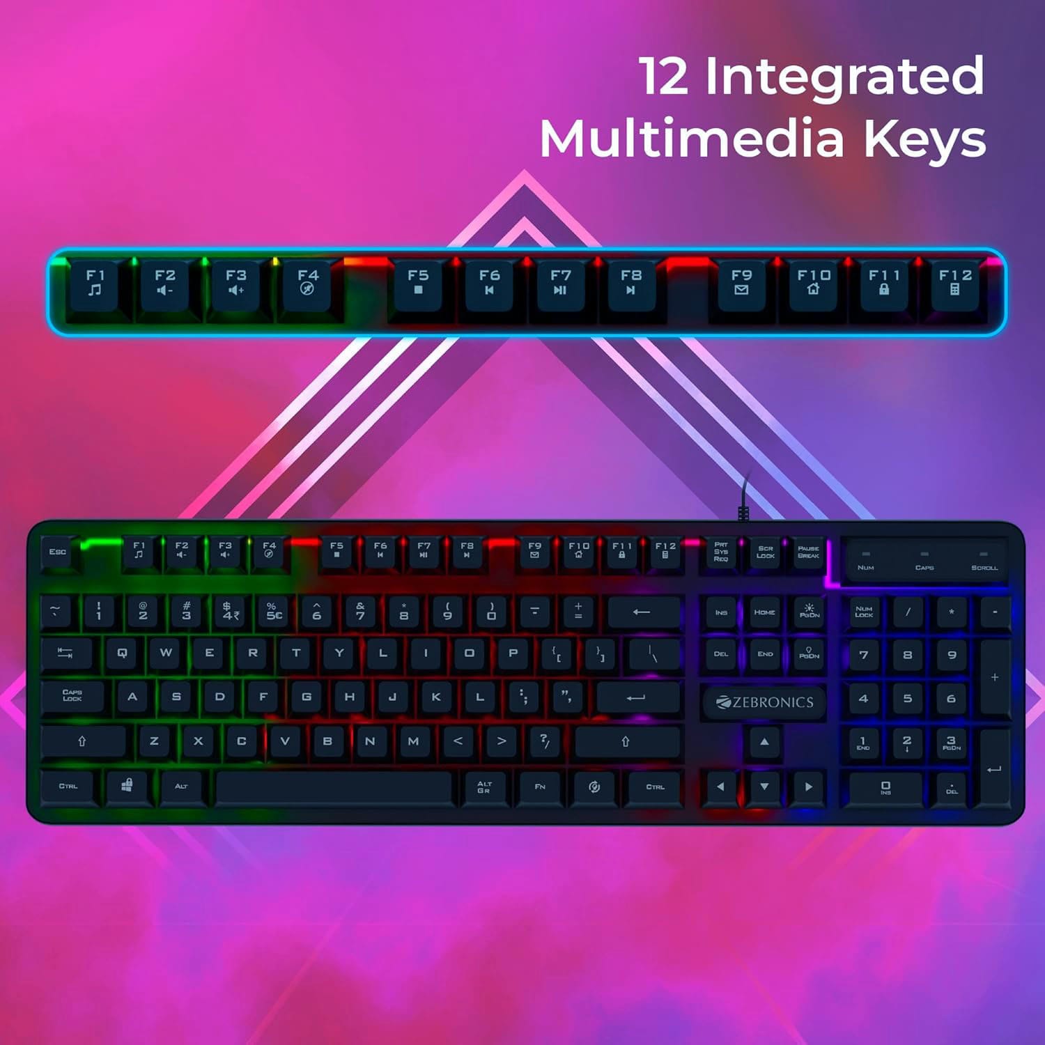 Zebronics Transformer K1 Gaming Keyboard with RGB Backlight and 12 Multimedia Keys
