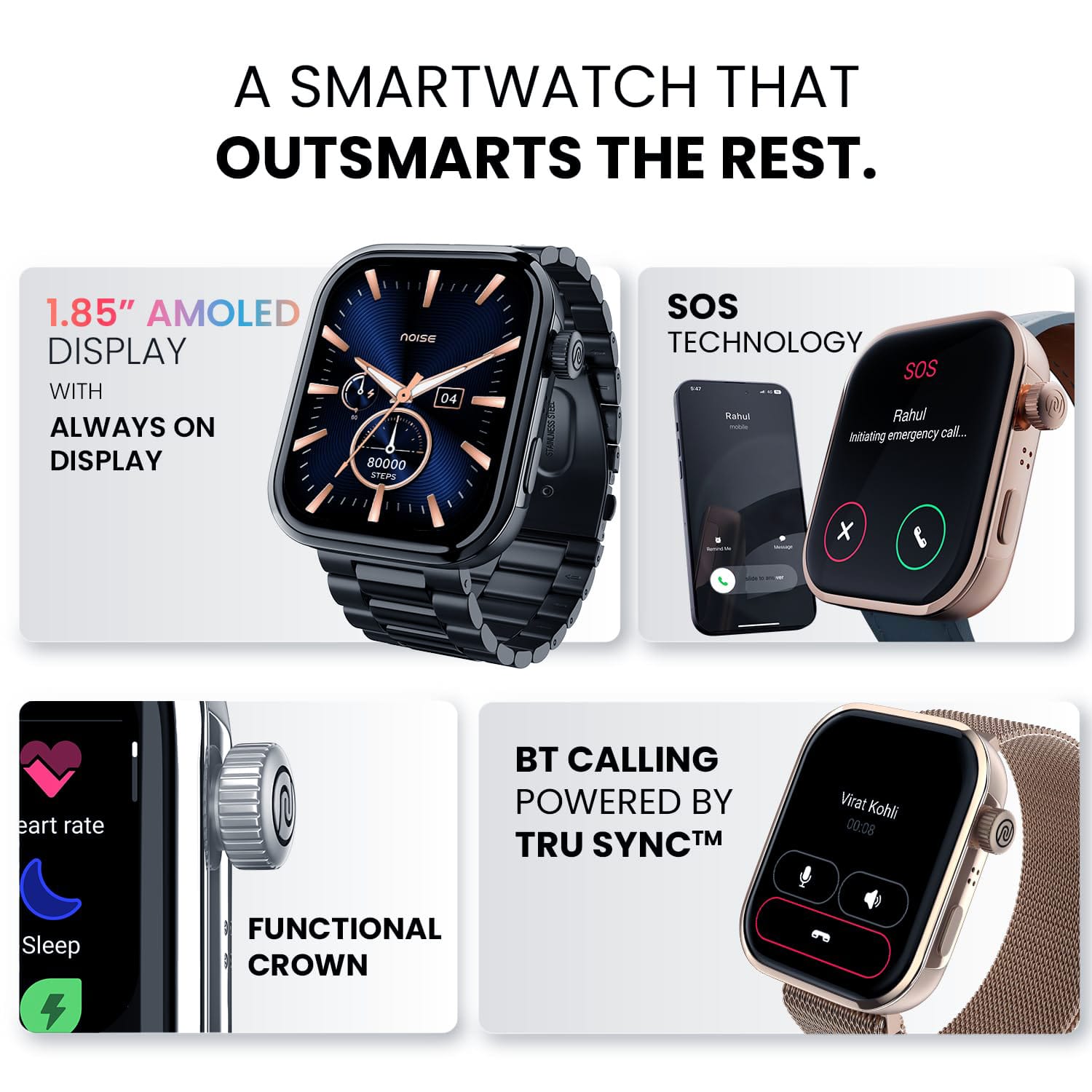 Noise ColorFit Pro 5 Smartwatch with 1.85 inch AMOLED Display, SOS Emergency Technology, Functional Crown, and BT Calling with Tru Sync