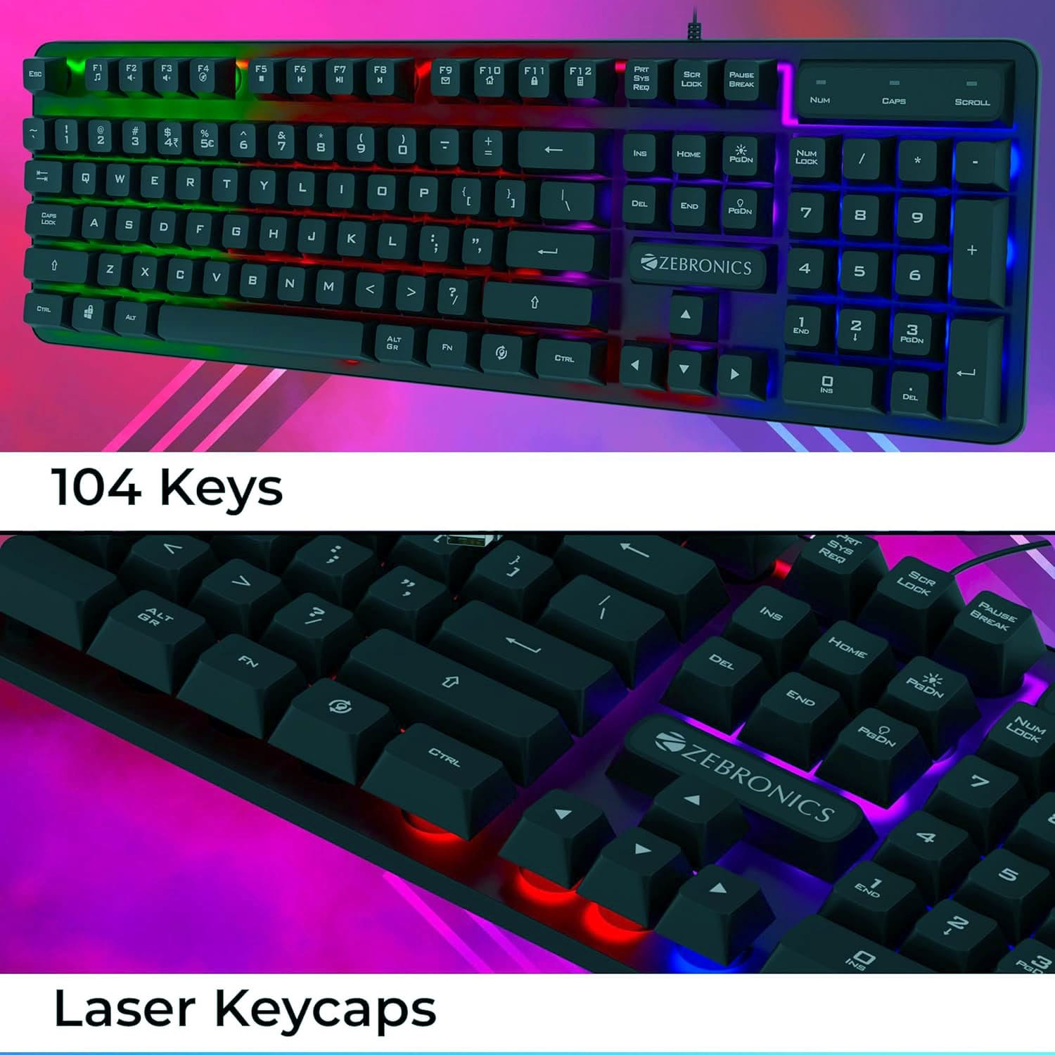 Zebronics Transformer K1 Gaming Keyboard – 104 Keys with Laser Keycaps