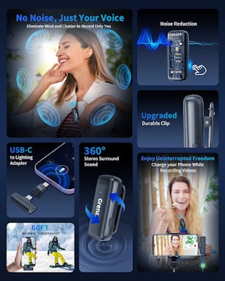 GRENARO J13 Wireless Mic for YouTube & iPhone Type-C 4 Wireless microphone for mobile devices with noise reduction, durable clip, USB-C to Lightning adapter, 360 stereo surround sound, and 60FT wireless range
