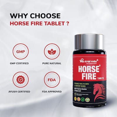 Horse Fire Tablets promotional banner highlighting stamina boost, strength support, natural Ayurvedic herbs and certifications like GMP, AYUSH and FDA