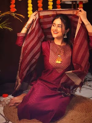 Tibra Attire Maroon Cotton Blend Kurti Pant Dupatta Set for Women
