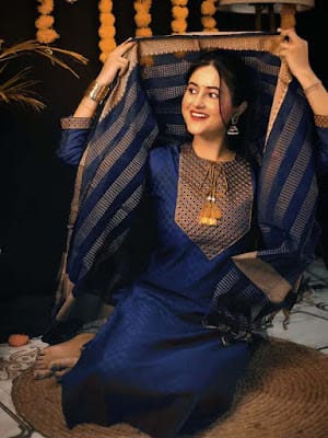 Tibra Attire Navy Blue Cotton Blend Kurti Pant Dupatta Set for Women