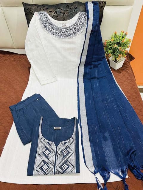 M I TEXTILE Women’s Cotton Kurti Pant Dupatta Set – Navy & White