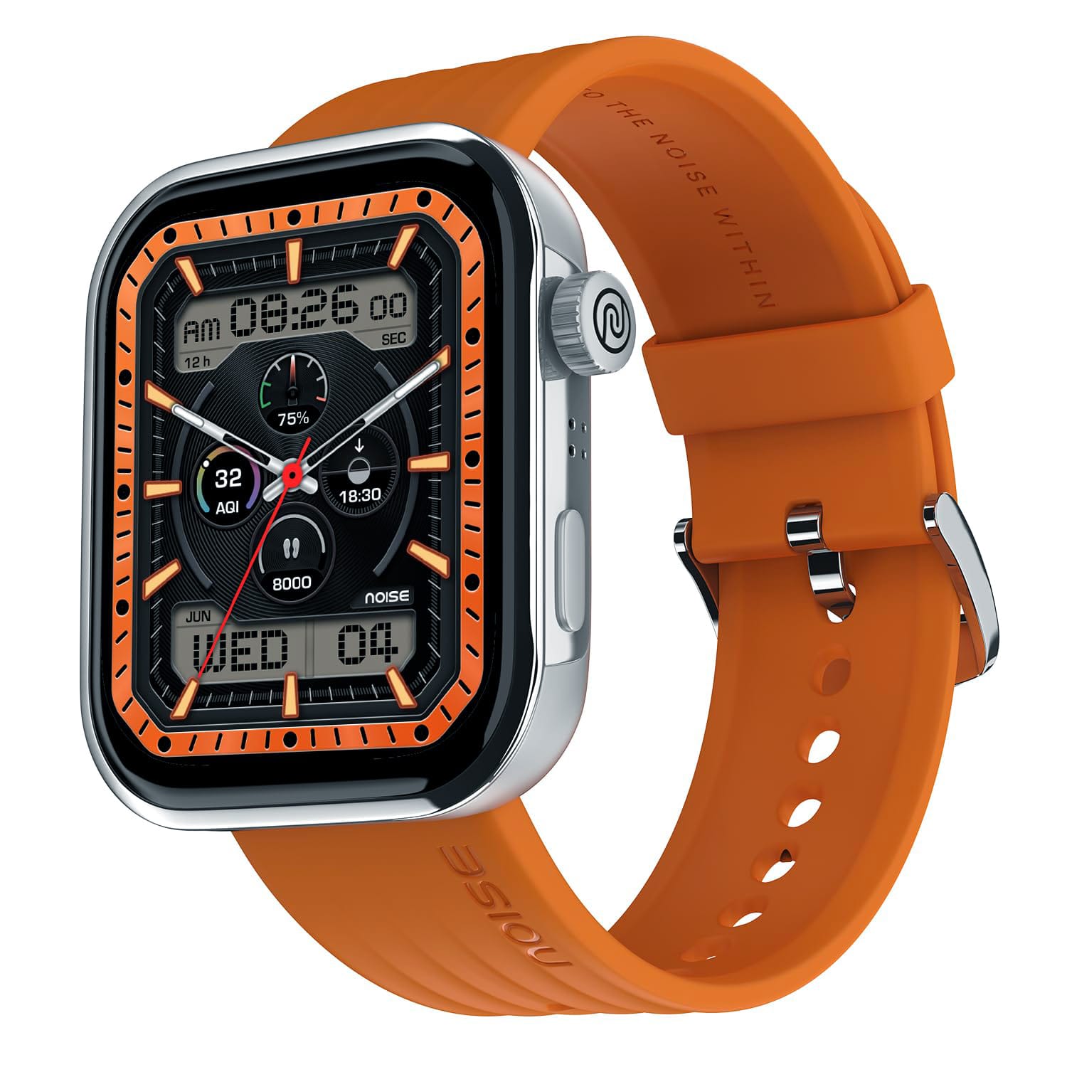 Noise ColorFit Pro 5 Smartwatch with Orange Silicone Strap, Multifunctional Display, Step Counter, Battery Indicator, and Stylish Crown Design